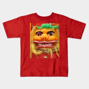 Golden red Chinese Dragon mask closeup Kids T-Shirt